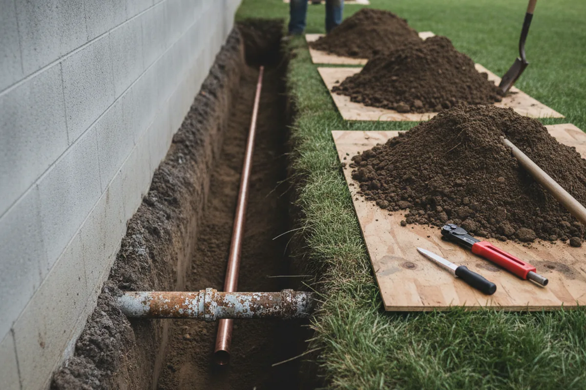 Excavated water line trench during Sewer Line Repair in La Mesa